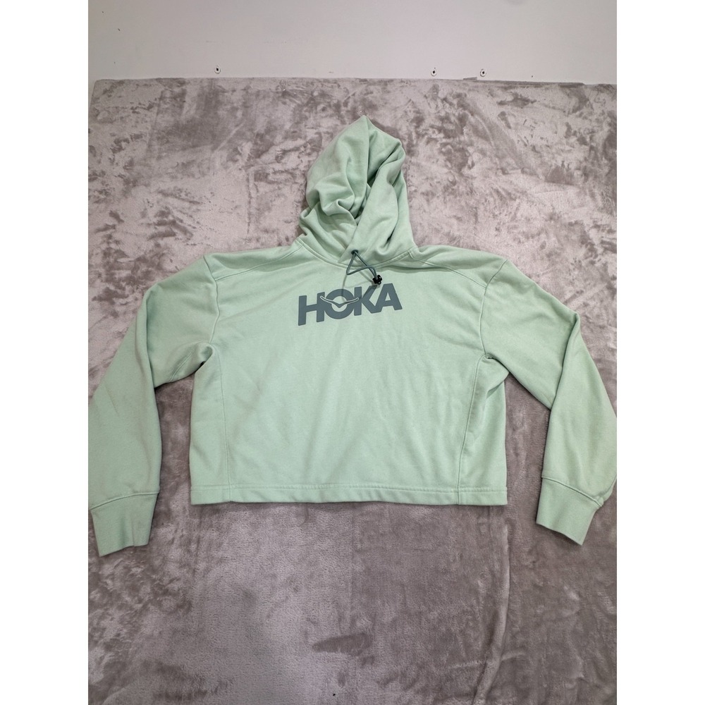Hoka One One Hoodie Womens Medium Seafoam‎ Mint Cropped Thumbholes Logo Pullover